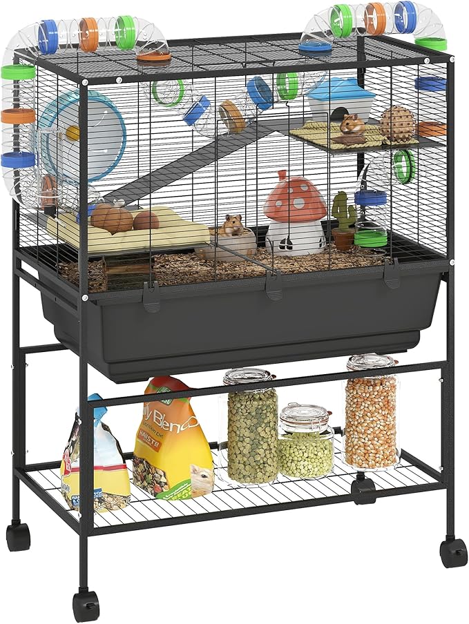 PawHut Large Hamster Cage with Deep Tray, 3 Tier Rolling Rat Cage with Storage Shelf, Big Exercise Wheel, Tube System, Hut, Platforms, Ramps, Food Dish, Water Bottle, for Syrian, Gerbil, Mouse