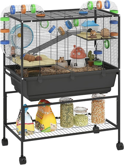 PawHut Large Hamster Cage with Deep Tray, 3 Tier Rolling Rat Cage with Storage Shelf, Big Exercise Wheel, Tube System, Hut, Platforms, Ramps, Food Dish, Water Bottle, for Syrian, Gerbil, Mouse
