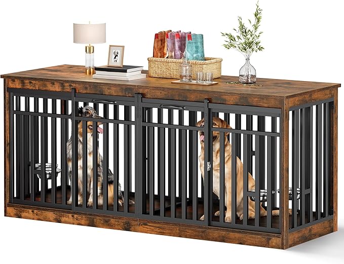 DWVO 71" Double Dog Crate Furniture for 2 Medium Dogs, Heavy Duty Wood Dual Dog Kennel TV Stand with Sliding Doors, Decorative Wooden 2 Dog Cage Table with Dog Bowls for Extra Large Dogs Rustic Brown