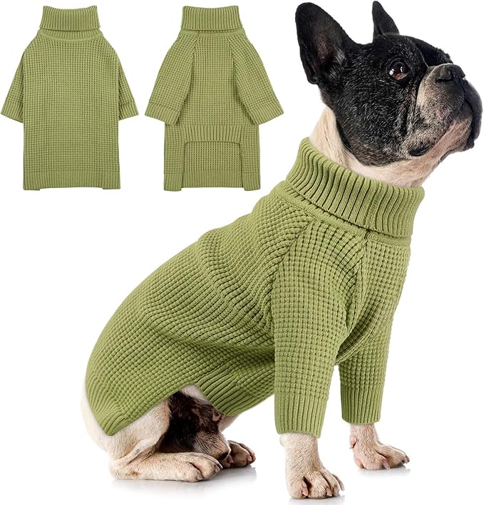 Queenmore Waffle Knit Dog Sweater, Long Sleeve Dog Fall Sweater, Turtleneck Puppy Sweaters, Puppy Sweaters for Cats, Green XS