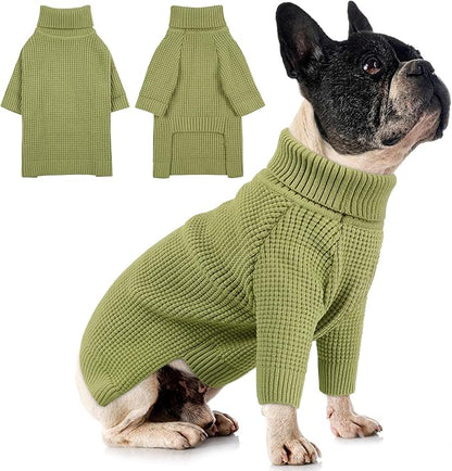 Queenmore Medium Dog Sweater, Check Pattern Knitted Cat Sweater, Warm Dog Sweaters for Medium Dogs, Solid Pull-on Sweater for Cats, Green M