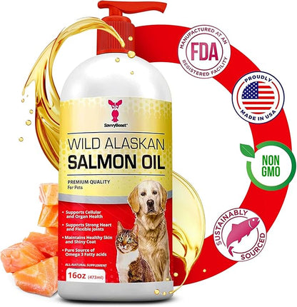 SavvyBeast Wild Alaskan Salmon Oil for Dogs, Cats & Ferrets – Omega-3 Fish Oil Pet Supplement with EPA & DHA – Supports Skin, Coat, Joints, Heart, Brain, Itch Relief & Immune – Unscented – 16 oz