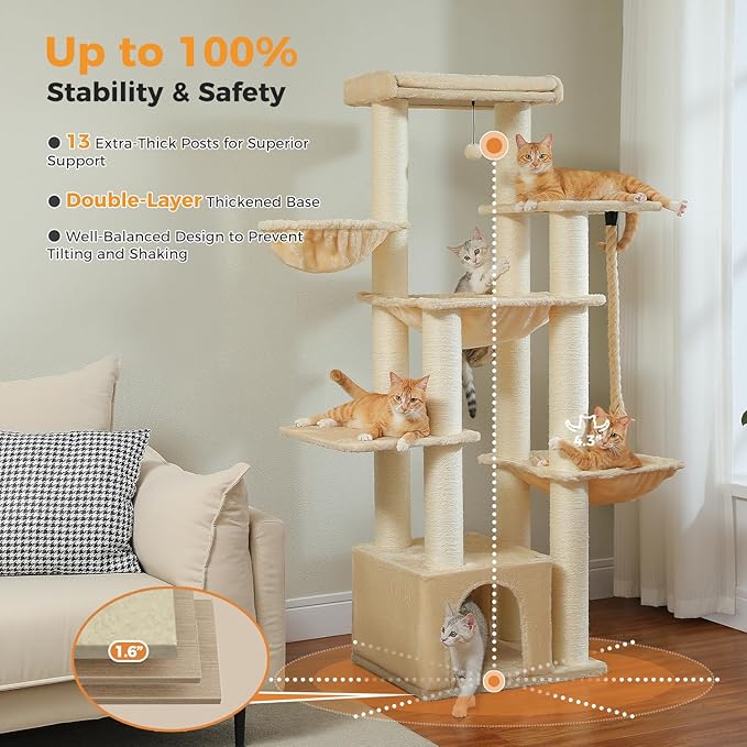 67" Heavy Duty Cat Tree for Indoor Cats Large Adult, XXL Cat Tower with 13 Thick Scratching Posts (φ4.3), Large Perch, Spacious Condo & Big Hammock - for Maine Coon up to 20 lbs, Beige