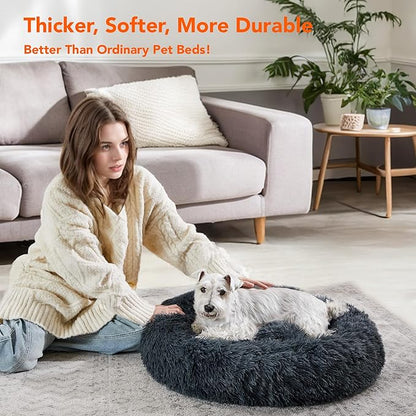 Deconovo Calming Donut Dog Bed, Washable Plush Round Pet Bed for Small Dogs & Cats with Raised Rim, Non-Slip Base and Soft Faux Fur—Lightweight, Easy-Care Design Dark Grey 37" L x 37" W x 8" Th