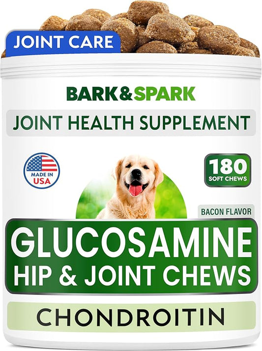 BARK&SPARK Glucosamine Chondroitin Dog Hip & Joint Supplement - Joint Pain Relief - Hip & Joint Chews - Joint Support Large Small Breed - Senior Doggie Vitamin Pill Joint Health (180 Treats - Bacon)