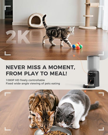 AI Automatic Cat Feeder with Dual Cameras (1 Adjustable), 2K HD Night Vision, 5G/2.4G WiFi, 6L Automatic Pet Feeder with APP Control, Laser Interactive Toy, Two-Way Audio & Scheduled Feeding