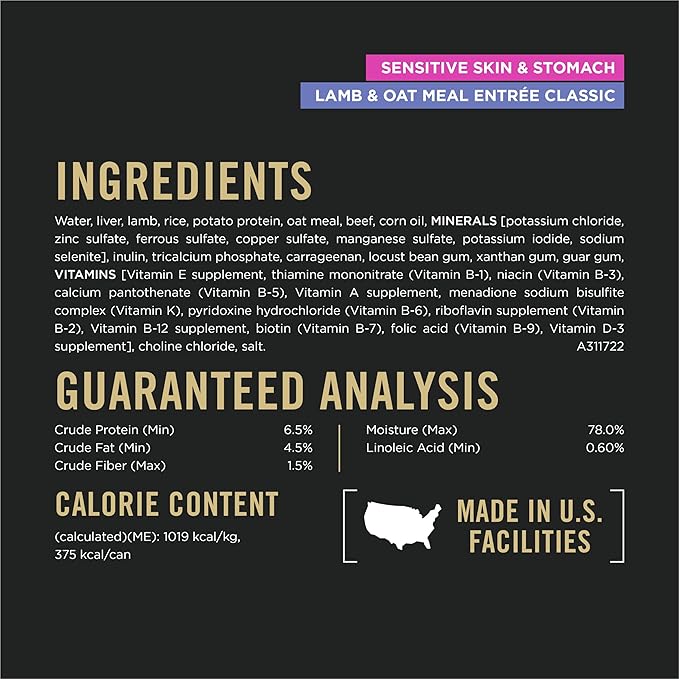 Purina Pro Plan Sensitive Skin and Stomach Dog Food Wet Classic Pate Lamb and Oat Meal Entrée - (Pack of 12) 13 oz. Cans