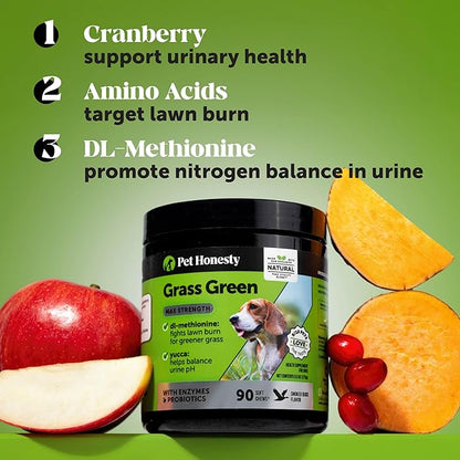 Grass Green Max Strength Burn Spot Chews for Dogs - Premium Formula - Dog Pee Lawn Spot Saver Supplement Caused by Dog Urine, Supports Healthy Digestion w/Probiotics + DL-Methionine - 90ct