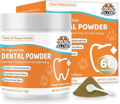 Dog Teeth Cleaning Powder - Natural Dog Dental Powder -Gentle Dog Breath Freshener, Dog Plaque and Tartar Remover, Vet Formulated No Sodium Hexametaphosphate- 60 Scoops, 4.23oz (120g)