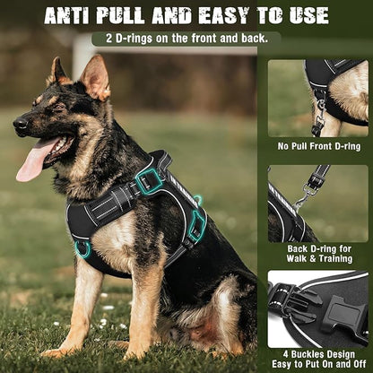 Tactical Dog Harness and Leash Set for Large Dogs,Heavy Duty No Pull Service Dog Vest and 10 Patches with Dog Seat Belt,Reflective Adjustable Pet Harness for Training Walking Hiking Black L