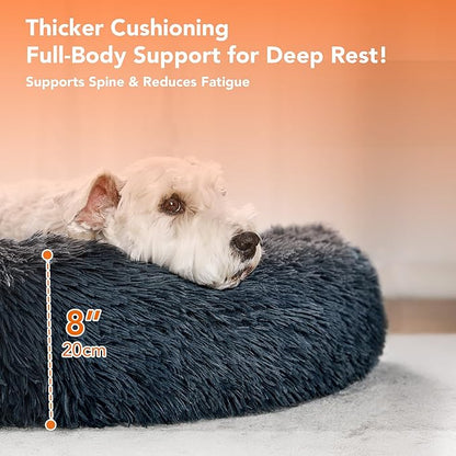 Deconovo Calming Donut Dog Bed, Washable Plush Round Pet Bed for Small Dogs & Cats with Raised Rim, Non-Slip Base and Soft Faux Fur—Lightweight, Easy-Care Design Dark Grey 37" L x 37" W x 8" Th