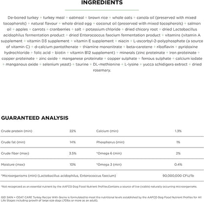 Go! Solutions Skin + Coat Care, Dry Dog Food, Turkey Recipe with Grains, 3.5 lb Bag