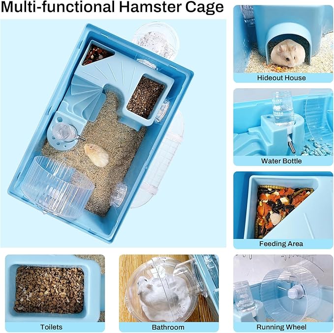 Tfwadmx Dwarf Hamster Cage,Acrylic Rat Cage,Hamster Home Small Animal Cages with Tube Exercise Wheel Mouse Habitat for Gerbils Mice 17.7”x11”x11.8”, Blue