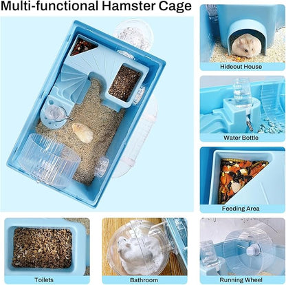 Tfwadmx Dwarf Hamster Cage,Acrylic Rat Cage,Hamster Home Small Animal Cages with Tube Exercise Wheel Mouse Habitat for Gerbils Mice 17.7”x11”x11.8”, Blue