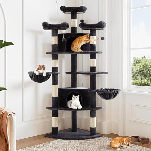 Allewie 73in Fan-Shaped Space-Saving Corner Cat Tower/Multi-Level Tall Cat Tree for Indoor Kitties/Cozy Baskets/Condos/House/Perches/Sisal Scratching Posts/Pet Activity Center/Dark Grey