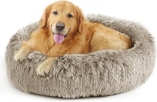 Deconovo Calming Donut Dog Bed, Washable Plush Round Pet Bed for Small Dogs & Cats with Raised Rim, Non-Slip Base and Soft Faux Fur—Lightweight, Easy-Care Design Camel 37" L x 37" W x 8" Th