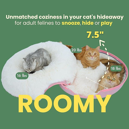 CATTASAURUS Peekaboo Cat Cave for Multiple & Large Cats Up to 30-45 Lbs, Fluffy Cat Beds for Indoor Cats, Scratch Detachable & Washable Tunnel Bed, Comfy Donut Cat Cave (Pink, Large (Calming))