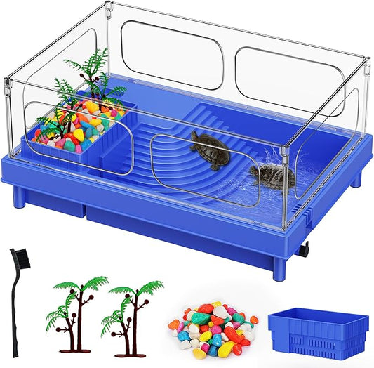 Geegoods Turtle Tank, Blue Small Turtle Aquarium, Turtle Habitat with Basking Platform