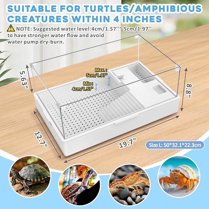 GOZILLA Large Turtle Tank Kit+Water Pump, Acrylic Turtle Tank Starter Kit with Adjustable 5W Water Pump and Two Shower Heads, Multi-Functional Area for Small/Medium Turtles(Large-White Tank).