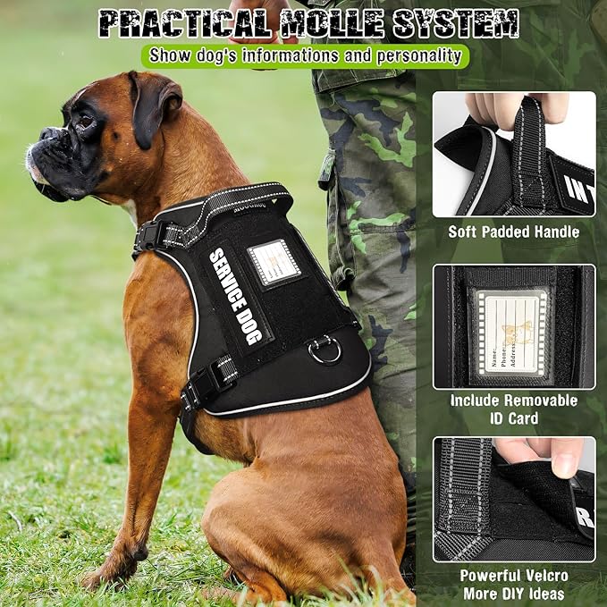 Tactical Dog Harness and Leash Set for Large Dogs,Heavy Duty No Pull Service Dog Vest and 10 Patches with Dog Seat Belt,Reflective Adjustable Pet Harness for Training Walking Hiking Black L