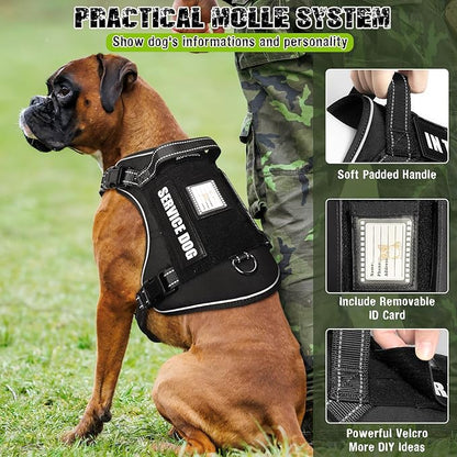 Tactical Dog Harness and Leash Set for Large Dogs,Heavy Duty No Pull Service Dog Vest and 10 Patches with Dog Seat Belt,Reflective Adjustable Pet Harness for Training Walking Hiking Black L