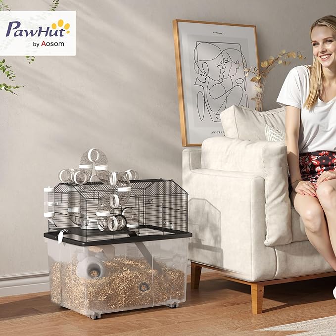 PawHut Large Hamster Cage with 12" Deep Tray, 2 Tier Gerbil Cage with Tube System, Water Bottle, Ramp, Feeding Bowl, 23" x 17" x 22", Black