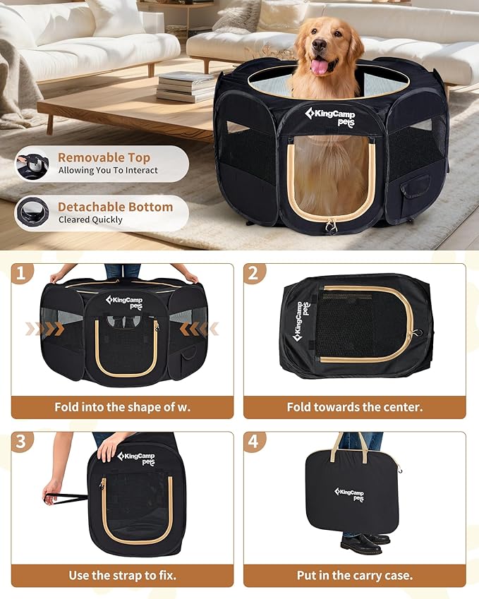 KingCamp Dog Playpen, Portable Foldable Cat Kitten Puppy Tent Crates 29"/36"/50" Pop Up Pet Playpen with Zippered Bottom & Cover for Indoor Outdoor Use (Small, Black)