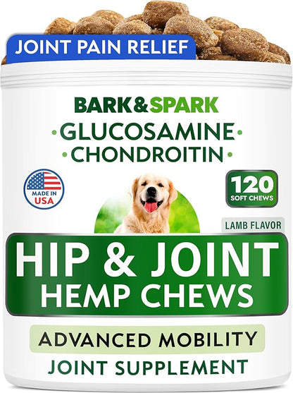 Hip & Joint Support for Dogs - Hemp Chews for Dog Joint Pain Relief with Glucosamine & Chondroitin - Joint Supplement for Large & Small Breeds - Senior Dog Mobility Treats - 120ct, Lamb Flavor