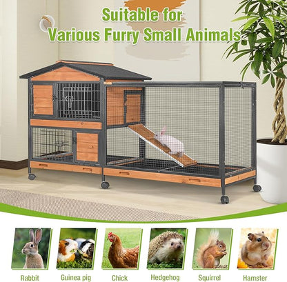 GUTINNEEN 2-Story Rabbit Hutch with Chew-Proof Full Metal Frame for Indoor/Outdoor - 62" Bunny Cage with 6 Locking Casters & 2 Pull-Out Trays for Rabbits, Guinea Pigs, Small Pets (Brown)