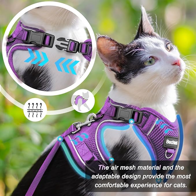 Kitten Harness and Leash Seat, The Upgrade Can be Adjusted in Four Directions and Breathable Cat Harness for Anti Escape That can be Fitted and Positioned, Reflective Strips Harness, Purple,XXS