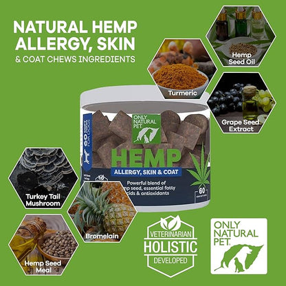 Only Natural Pet Allergy, Skin & Coat Hemp Soft Chews - Allergy Immune Bites for Dogs, Omega 3 Supplement, Hemp Oil - Calming Treats for Itchy Skin Relief, Hot Spot - (60 Count) (AL.)