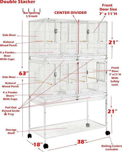 1/2/3-Combo Stacker Center Divided Breeder Breeding Bird Flight Double Rolling Cage for Aviaries Canaries Cockatiels Lovebirds Finches Budgies Small Parrots (White Vein, Two Stacker)