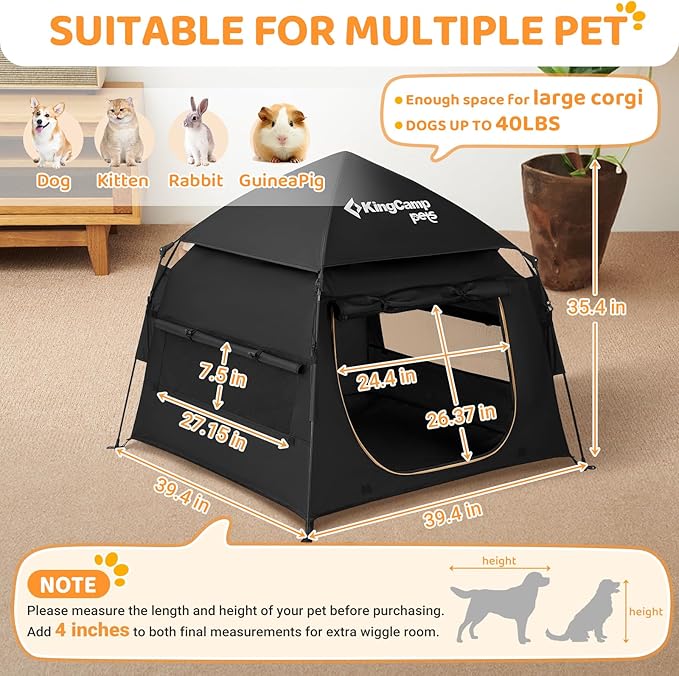 KingCamp Dog Tent, Large Portable Outdoor Indoor Dog House with 600D Oxford Fabric & Dual Layer for Medium Large Dogs, Black, 39.4" x 39.4" x 35.4"