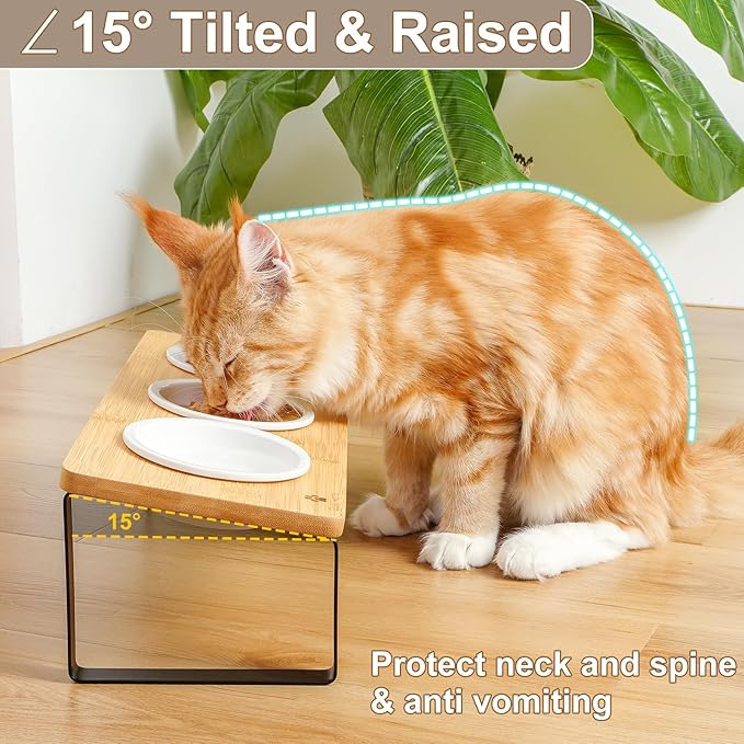 Sunhoo Raised Cat Food Water Bowl Elevated Tilted Kitty Dishes Set of 3 Ceramic Dish for Indoor Cats Orthopedic Pet Food Stand Reduces Vomiting 3 Bowl Cat Feeder Easy Assembly(Wood Color)