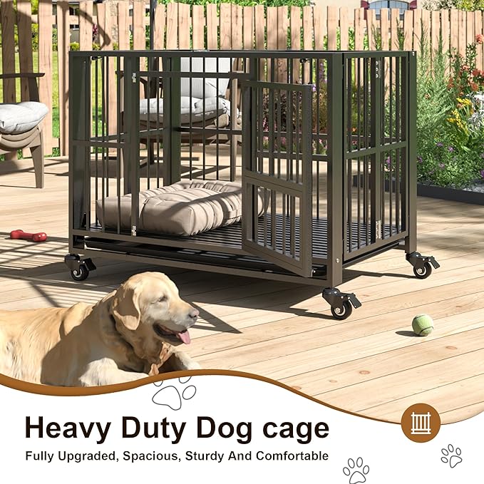 Polar Aurora Heavy Duty Dog Crate, Foldable Indestructible Dog Kennel, Escape Proof Extra Large Dog Cage with Lockable Wheels, High Anxiety Pet Playpen with Double Door for Indoor/Outdoor Use. (38in)