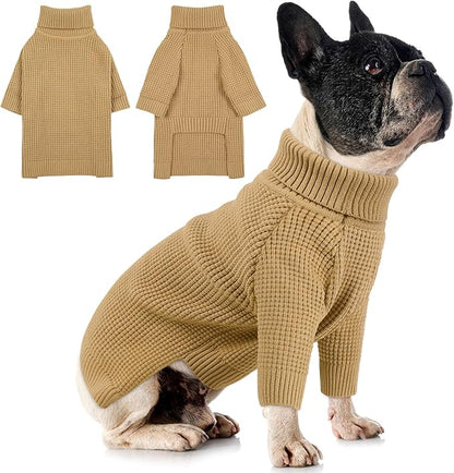 Queenmore Small Dog Sweater, Long Sleeve Pet Sweater with Check Pattern, Fall Winter Warm Dog Sweaters for Small Dogs, Solid Cat Sweaters, Brown S