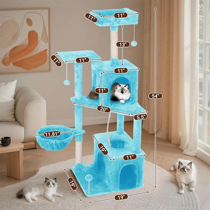 Cat Tree, 54-Inch Cat Tower for Indoor Cats,Plush Multi-Level Cat Condo with Scratching Posts, Basket, Perches,2 Caves,2 Pompoms(Blue)
