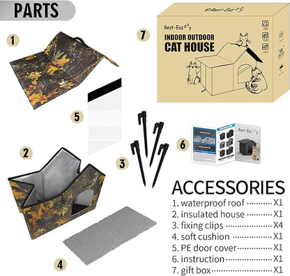 Rest-Eazzzy Outdoor Cat House, Feral Cat House Insulated with Mat and Clip, Weatherproof and Insulated, Cat Beds for Cats Kittens Puppies, Never Blow Away (Leaf, M 13" X 17" X 20")