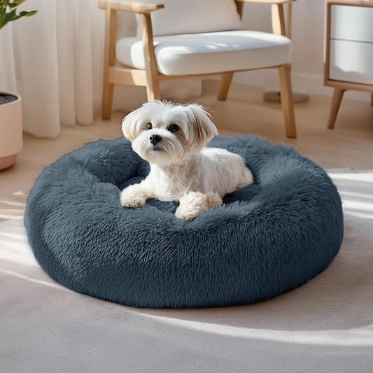 Deconovo Calming Donut Dog Bed, Washable Plush Round Pet Bed for Small Dogs & Cats with Raised Rim, Non-Slip Base and Soft Faux Fur—Lightweight, Easy-Care Design Dark Grey 21" L x 21" W x 8" Th