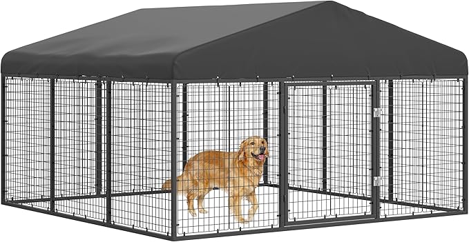 10x10x6 FT Outdoor Dog Kennel Steel Ideal Dog Fence for Medium/Small Dogs Anti-Rust Coating Cage with Roof All Weather Resistant Dog House with Double Locks (118" W x 118" D x 72.5" H)