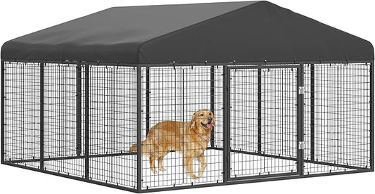 10x10x6 FT Outdoor Dog Kennel Steel Ideal Dog Fence for Medium/Small Dogs Anti-Rust Coating Cage with Roof All Weather Resistant Dog House with Double Locks (118" W x 118" D x 72.5" H)
