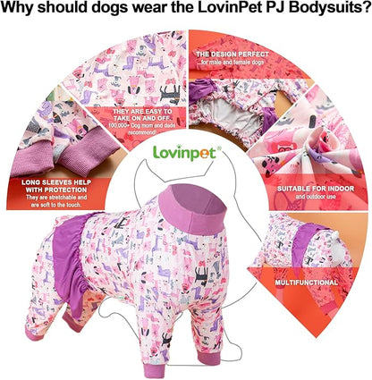 LovinPet Long Sleeve Onesie for Large Dogs, High Collar Cotton Dog Shirt, Anti-Shedding, Lightweight Stretchy Knit, Stop Shedding for Dogs, Pink Puppy Print, Shirt for under dog dresses, Pet Pj's, 3XL