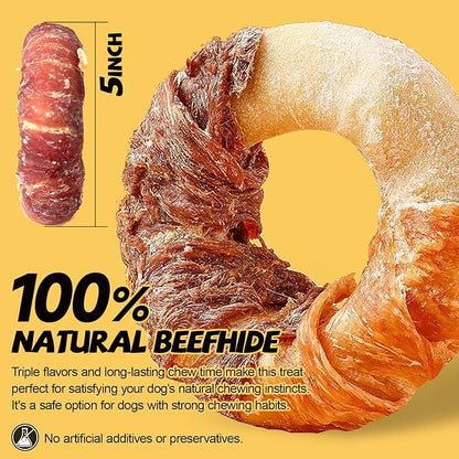 ASMPET Dog Treats Chews, Chicken & Duck Wrapped Rawhide Donuts Dental Care Chews for Small Medium Large Breed Aggressive Chewers (Pack of 4)