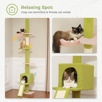 PETEPELA Floor to Ceiling Cat Tree[83"-108"], Cat Tower 5 Levels, Height Adjustable, Cat Scratching Post with Top Perches and Spacious Condo for Large Indoor Cats, Pink