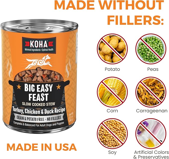 KOHA Big Easy Feast Stew for Dogs with Turkey, Chicken, and Duck, High Protein Wet Dog Food, 12.7oz Cans (Case of 12)