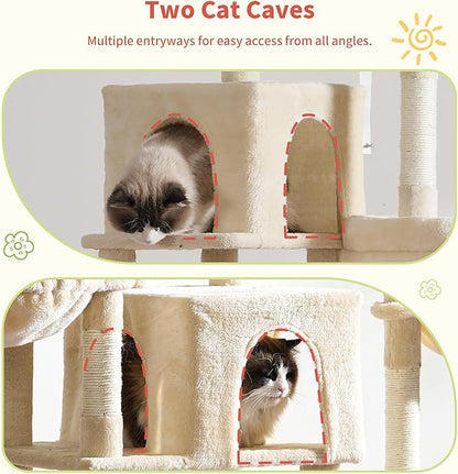 Hey-brother Cat Tree Tower, Scratching Posts with a Extended Part, Wide Platforms, Cozy Condos, Hammocks, Sisal Columns and Ball for Indoor Cats, 70.1 Inches, Beige MPJ038M