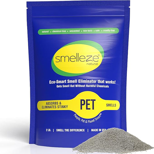 SMELLEZE Natural Pet Odor Eliminator Deodorizer: 2 lb. Unscented Granules Rids Strong Pet Waste Stench. Perfect for Pet or Small Animal Habitats. Mix with Bedding.