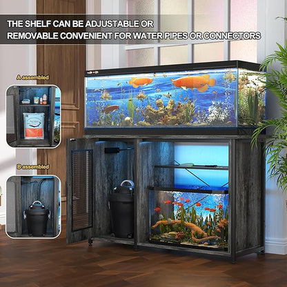 55-75 Gallon Fish Tank Stand, Reversible Heavy Duty Metal Aquarium Stand with Cabinet for Fish Tank Accessories Storage, Turtle/Reptile Terrariums, Black Oak