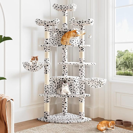 Allewie 73in Fan-Shaped Space-Saving Corner Cat Tower/Multi-Level Tall Cat Tree for Indoor Kitties/Cozy Baskets/Condos/House/Perches/Sisal Scratching Posts/Pet Activity Center/White & Black Spot