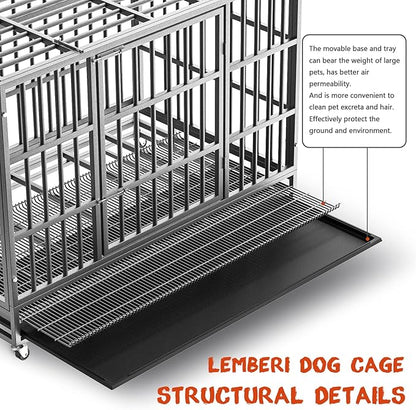 LEMBERI 48/38 inch Heavy Duty Indestructible Dog Crate, Escape Proof Dog Cage Kennel with Lockable Wheels,High Anxiety Double Door Dog Crate,Extra Large Crate Indoor for Large Dog with Removable Tray